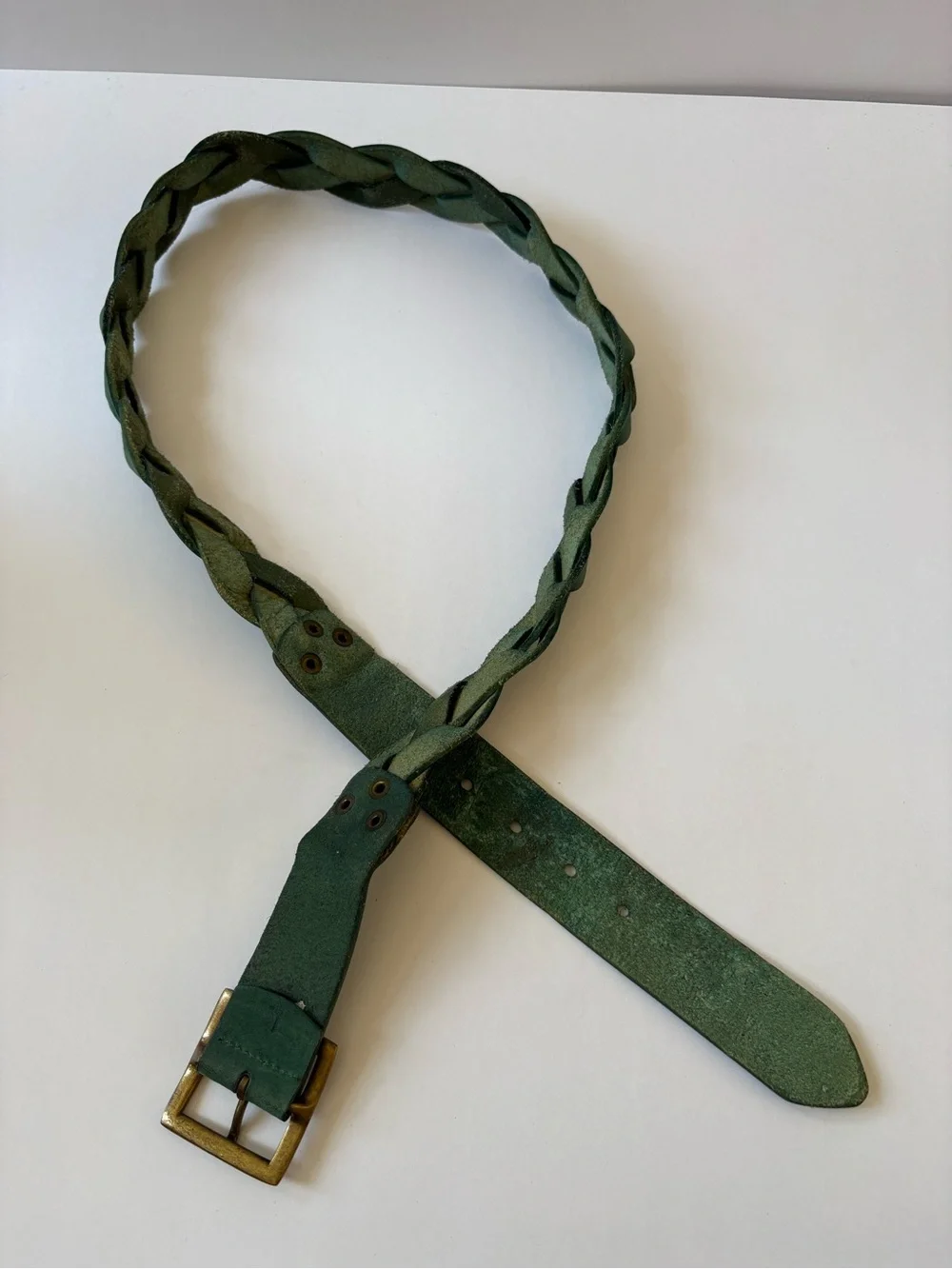 VNTG Old Navy Leather Green Braided Pleated Belt L Rivet Square Buckle Western
